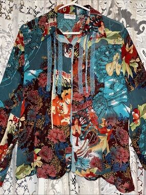 Claudia Richard Teal, Red & Coral Vintage-Inspired Printed Blouse